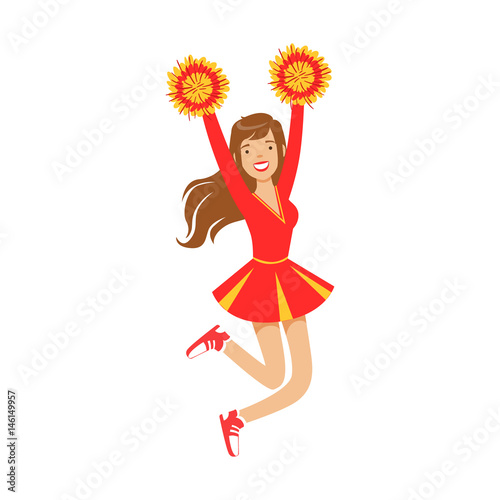 Cheerleader girl jumping with red and yellow pompoms. Colorful cartoon character vector Illustration