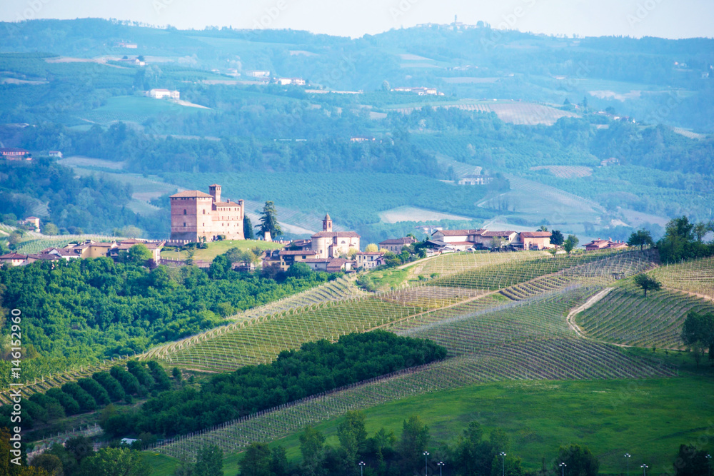 Landscape of Langhe with castle of Grinzane Cavour