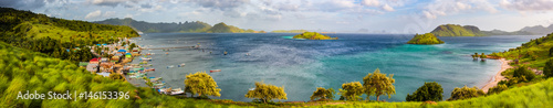 Panoramic view of the Komodo village and azure bay, Indonesia, Komodo island