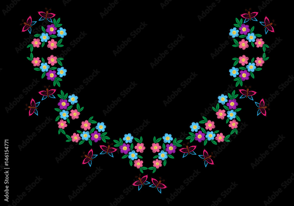 Colorful butterfly with flower and leaf frame embroidery stitches imitation