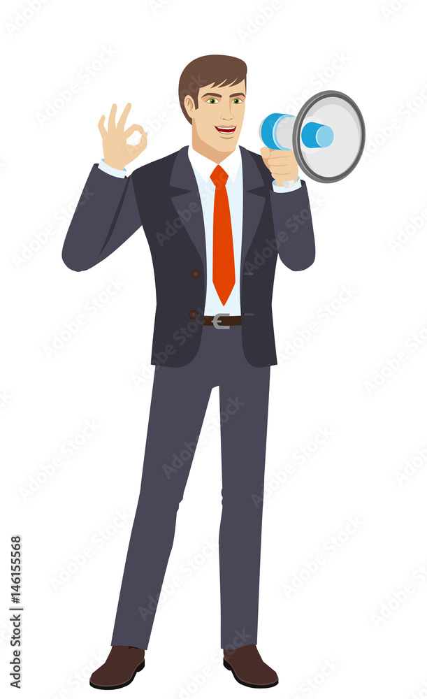 Businessman with loudspeaker showing a okay hand sign Businessman with loudspeaker showing a okay hand sign