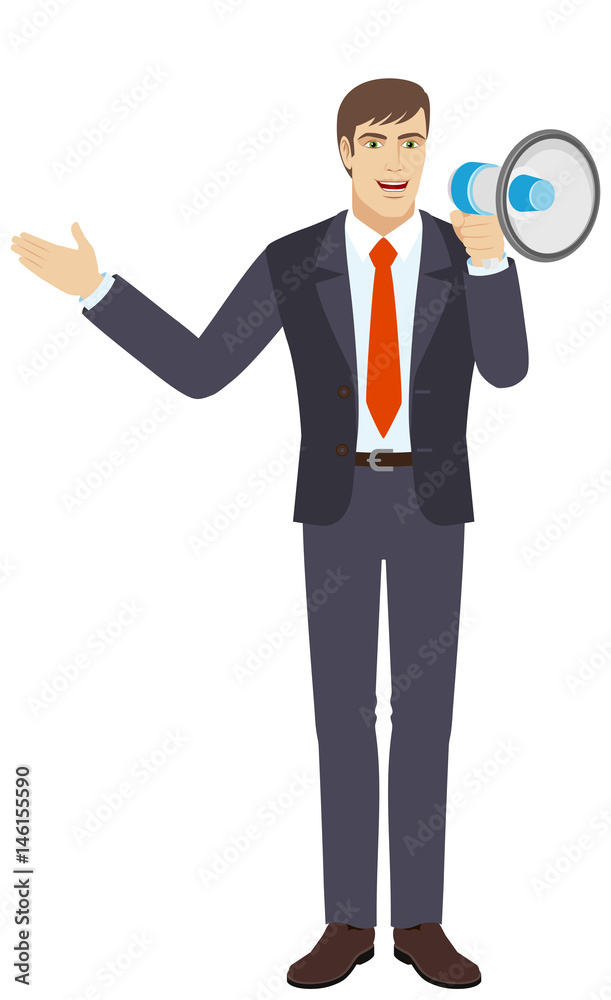 Businessman with loudspeaker showing something beside of him Businessman with loudspeaker showing something beside of him