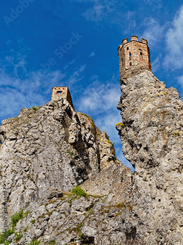 Ruins of the castle Devin located near Bratislava, Slovakia. View from the bottom of the surviving towers. Vertical image