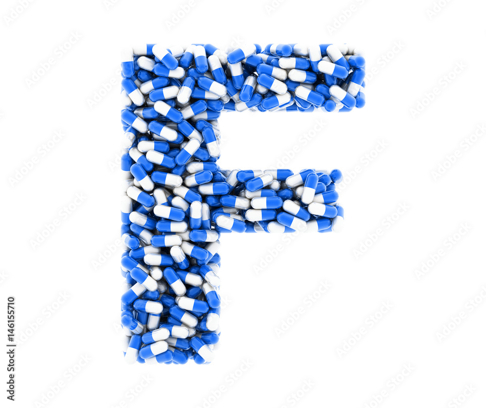 Letter F, alphabet of medicine pills. 3D render. Letter F, alphabet of medicine pills. 3D render.