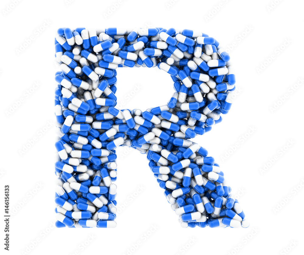 Letter R, alphabet of medicine pills. 3D render.