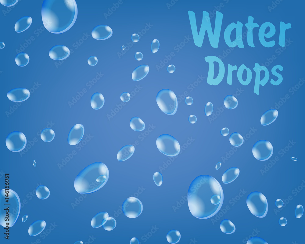 Drops of water on a blue background. Humidification. Realistic vector illustration.