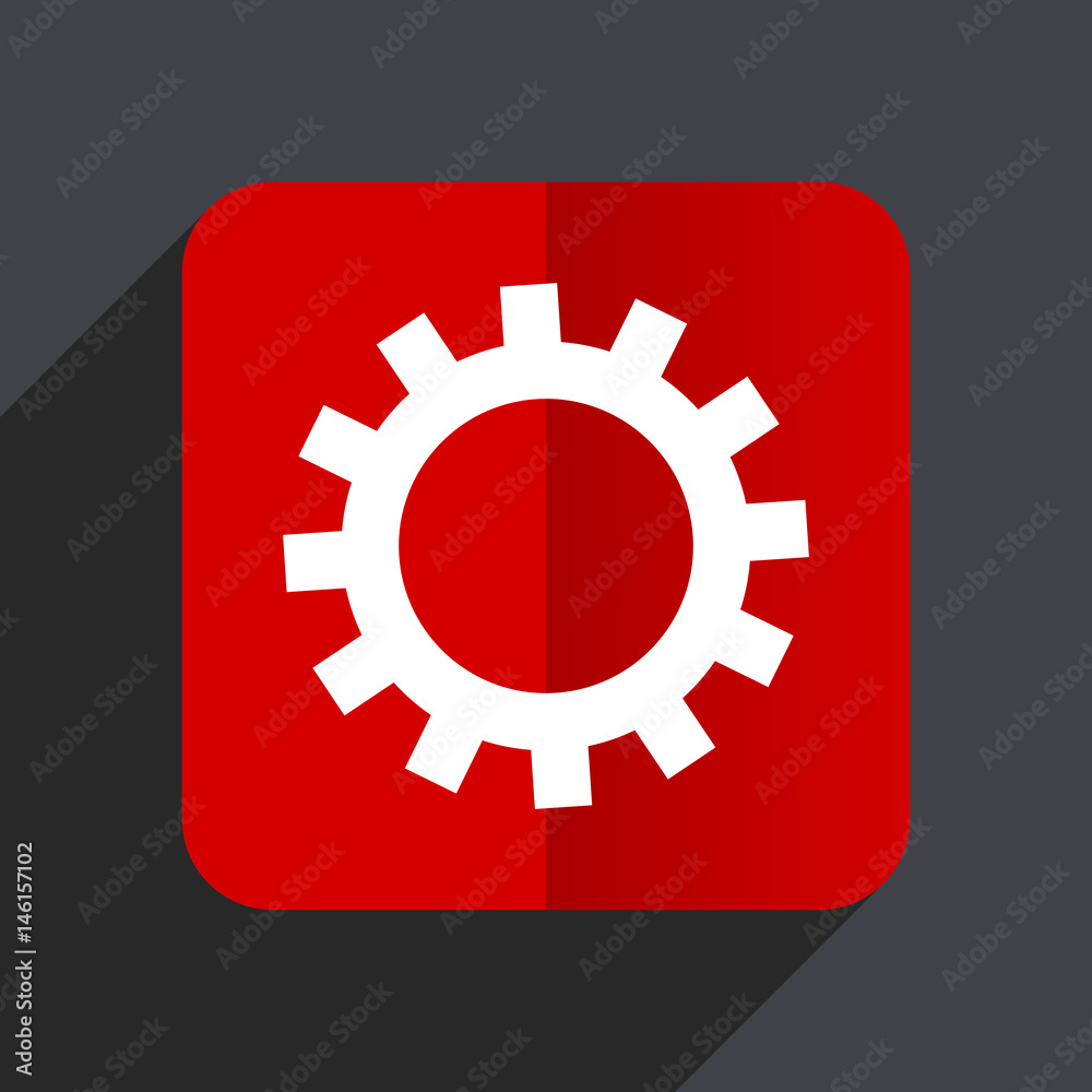 Gear flat design white and red vector web icon on gray background with shadow in eps10.