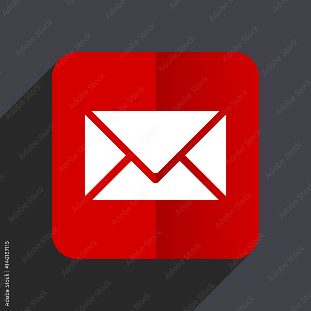 Email flat design white and red vector web icon on gray background with shadow in eps10.