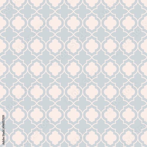 Gray pastel traditional geometric quatrefoil trellis pattern wallpaper. Vector textile rug or carpet background.