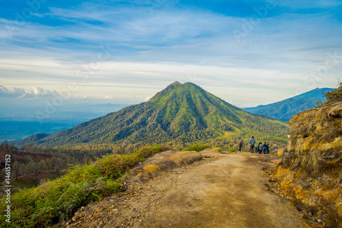 KAWEH IJEN, INDONESIA: Beautiful shot of high altitude landscape with green mountains in the distance