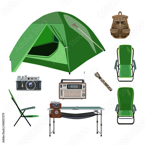 Vector set of camping equipment icons in flat style