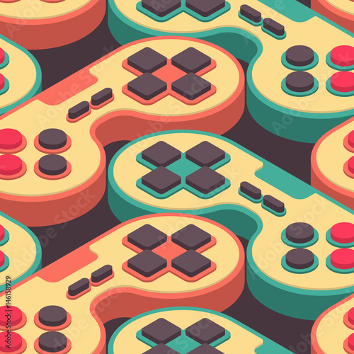 Joystick retro seamless pattern. Gampad Game console 8 bit texture. Retro video game control background