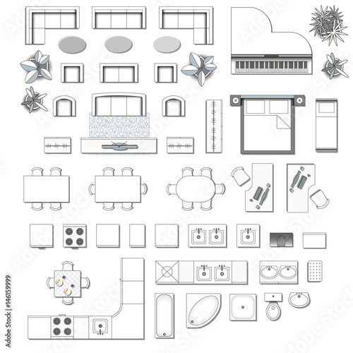 Set top view for interior icon design. Elements for living room, bedroom, kitchen, bathroom. Floor plan. Furniture store. Vector Illustration. 