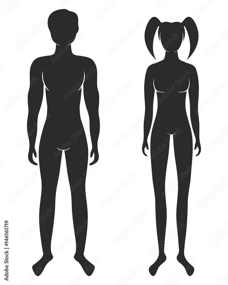 Vector illustration of standing silhouettes of man and woman, female and male signs isolated on white