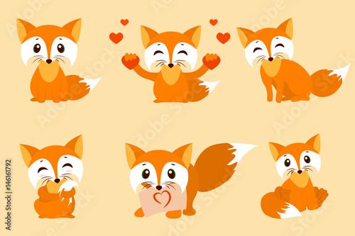 Set of cute foxes. Vector cartoon fox photo. Sitting with hearts, sweet, shy, with a leaf, looks fox. Sleek design