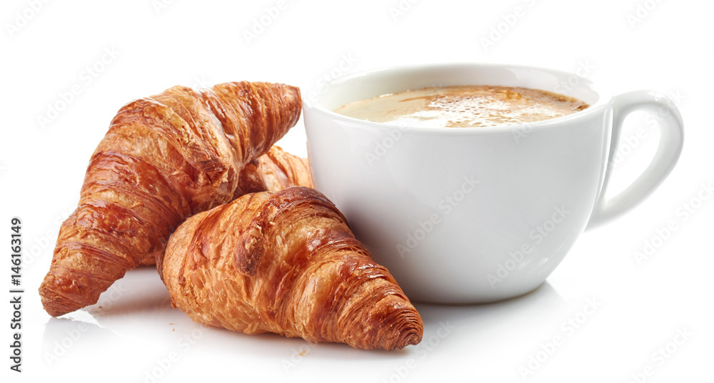 cup of coffee and croissants - obrazy, fototapety, plakaty 