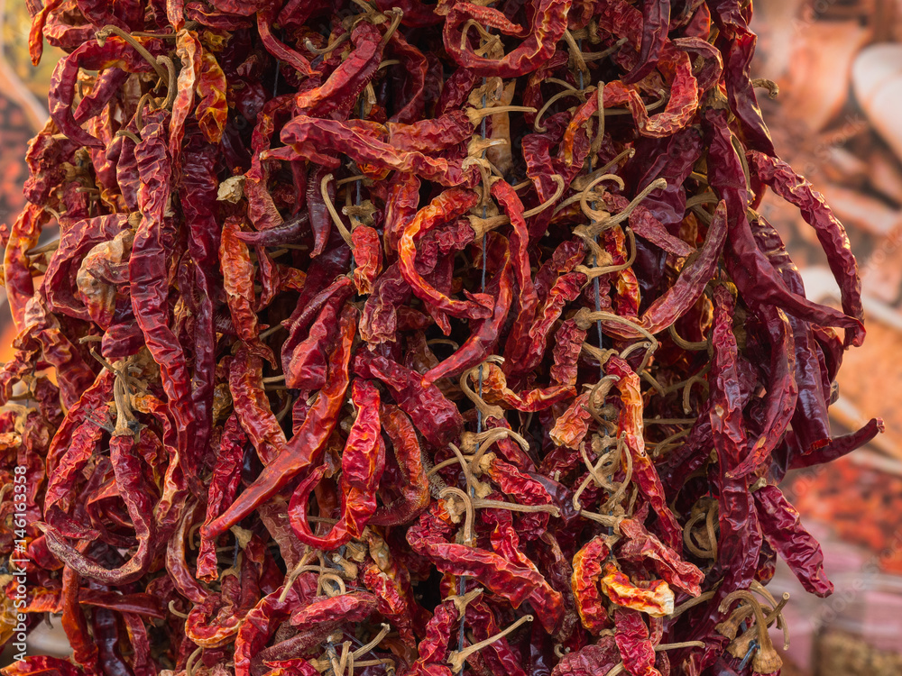 Fototapeta premium Display of hundreds dry red chili pepper