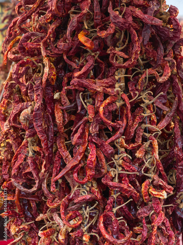 Fototapeta premium Group of hundreds dry red chili pepper