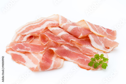 Bacon isolated on white background. Delikatese food.