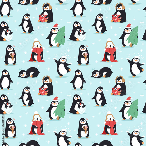 Christmas penguins seamless pattern vector