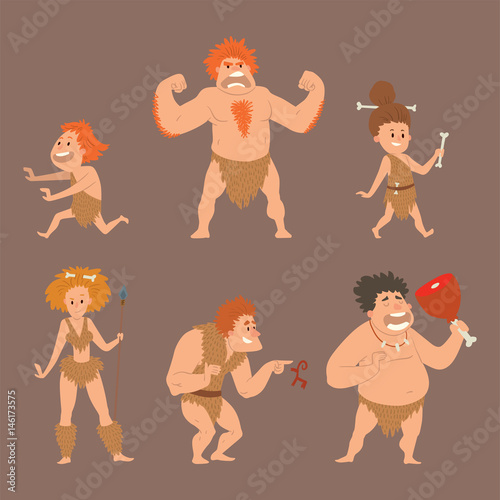 Caveman primitive stone age cartoon neanderthal people character evolution vector illustration.