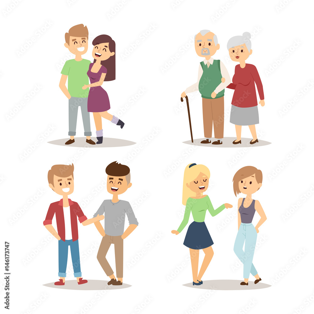 People happy couple cartoon relationship characters lifestyle vector illustration relaxed friends.