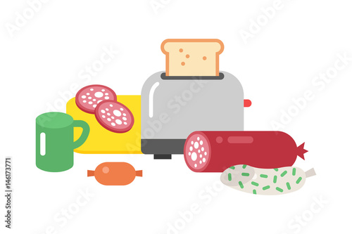 Meat products ingredient and rustic elements preparation equipment food flat vector illustration.