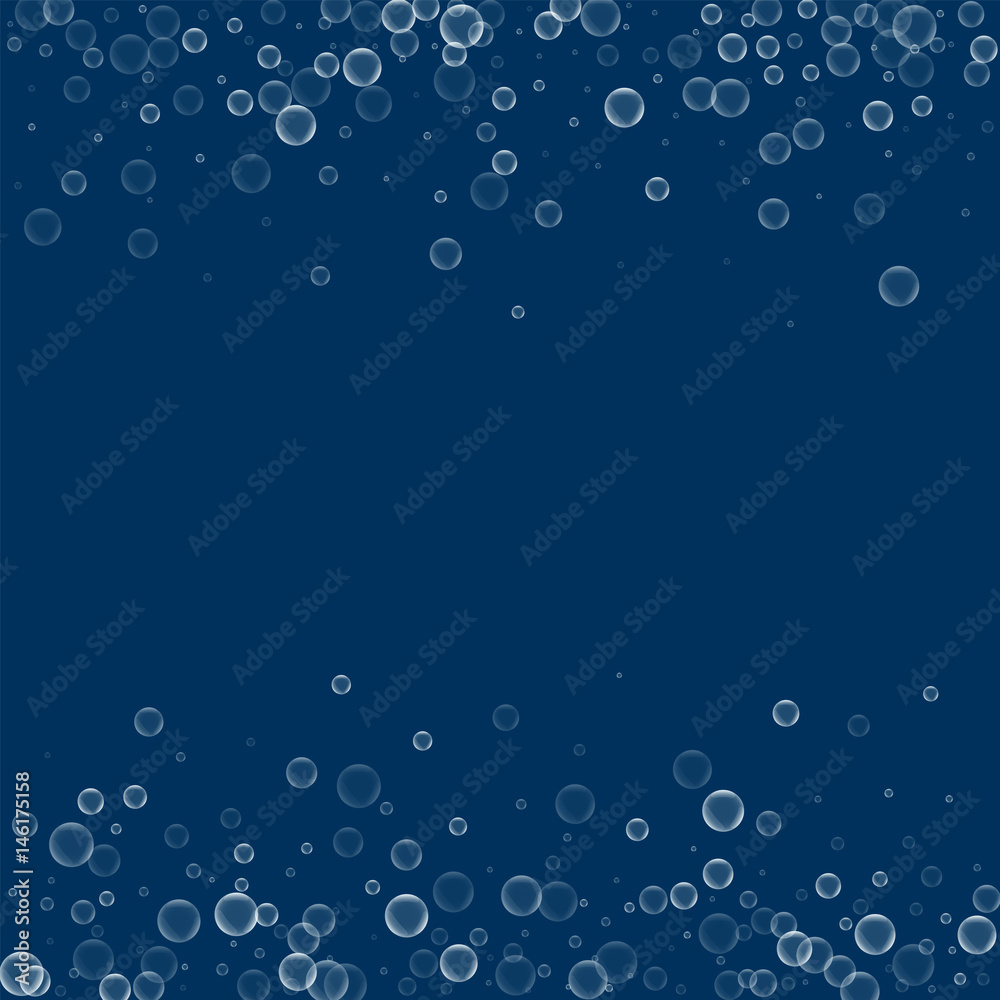 Soap bubbles. Scattered border with soap bubbles on deep blue background. Vector illustration.