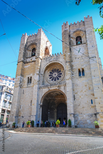 Lisbon Se Cathedral entrance with two gothic towers