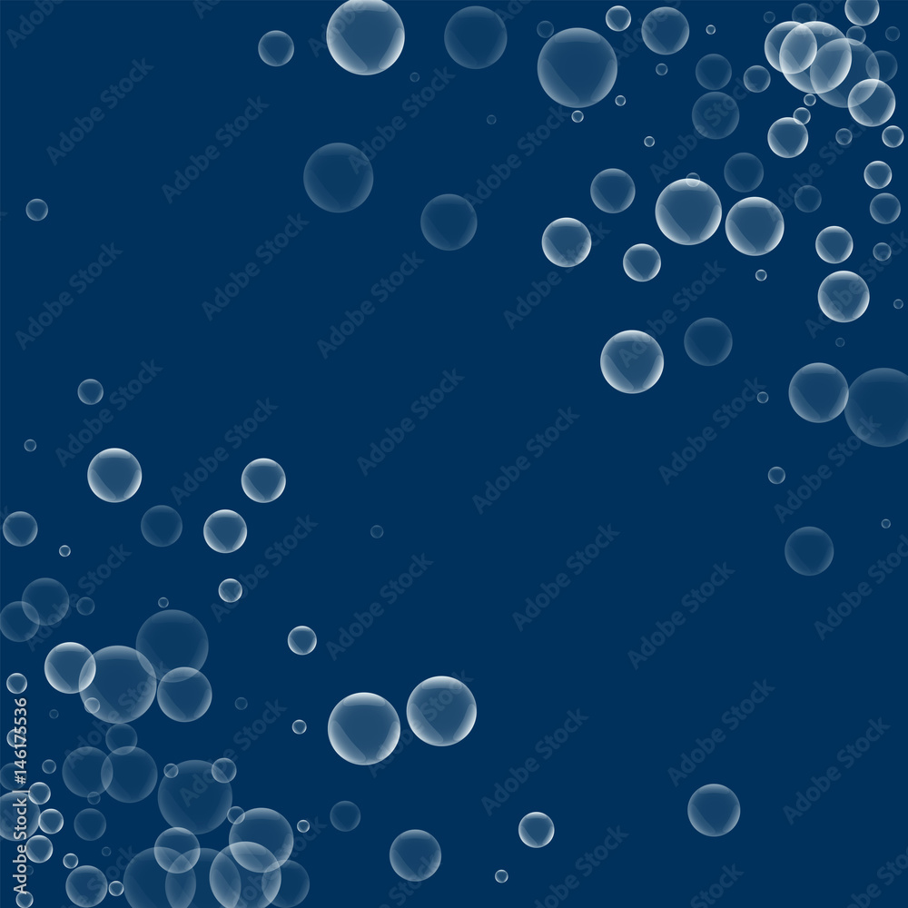 Random soap bubbles. Abstract chaotic mess with random soap bubbles on deep blue background. Vector illustration.