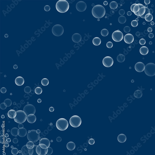 Random soap bubbles. Abstract chaotic mess with random soap bubbles on deep blue background. Vector illustration.