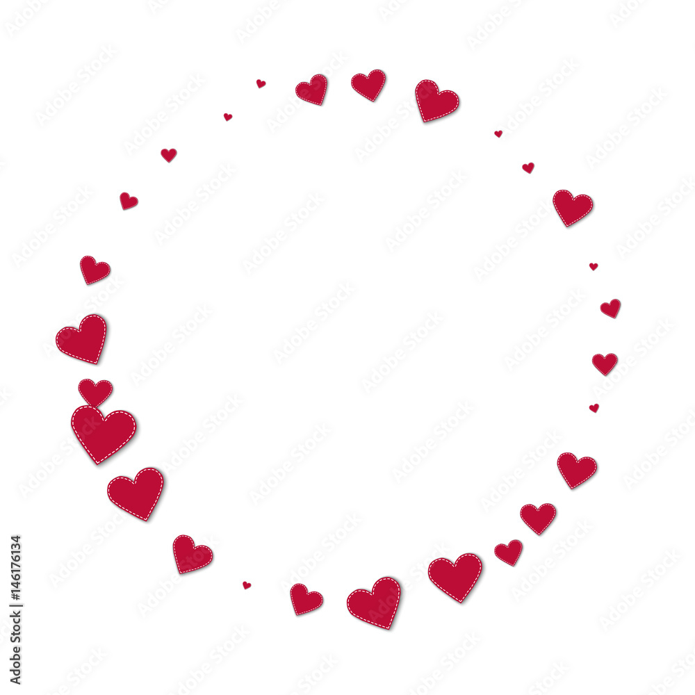Red stitched paper hearts. Round shape on white background. Vector illustration.