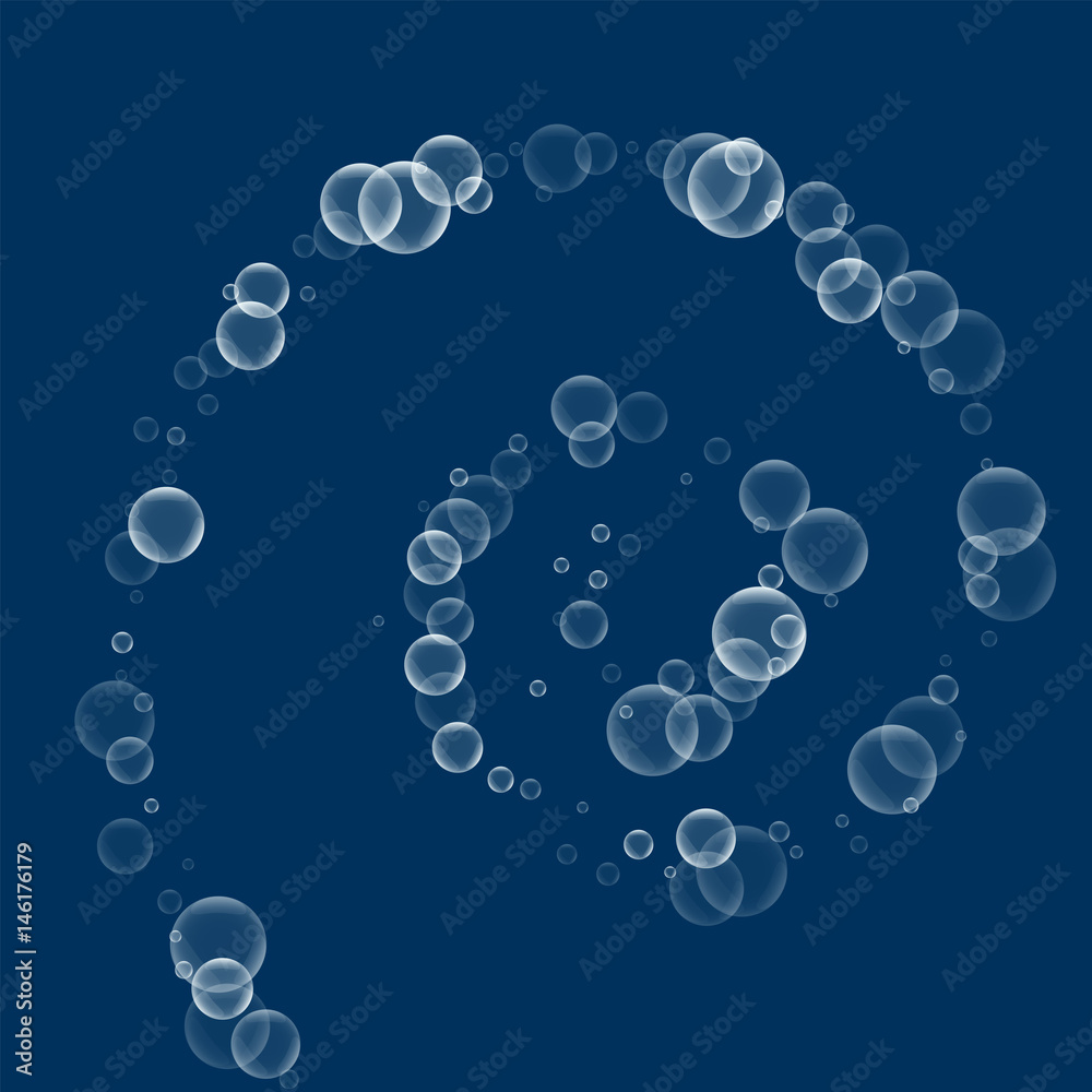 Random soap bubbles. Spiral with random soap bubbles on deep blue background. Vector illustration.