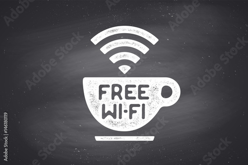 Poster with cup of coffee and text Free WiFi for street cafe. Sign free wifi area sign on a coffee cup. Black and white design on black chalkboard. Vector Illustration
