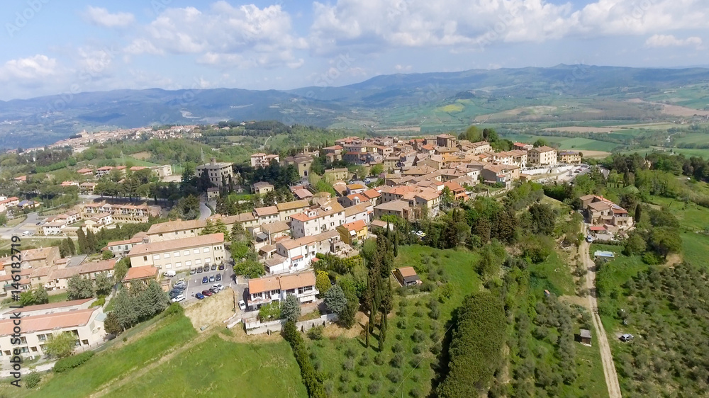 Overhead view of medieval Tuscany Town with countryside, Italy