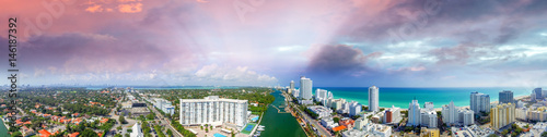 Miami Beach, Florida. Panoramic sunset aerial view