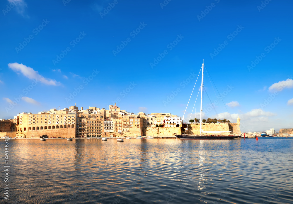 Sailing ship enters Grand Valetta Bay, Malta
