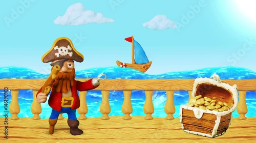 Happy Cartoon Pirate speak and Treasure chest. Summer Sea. Clay animation. 4K