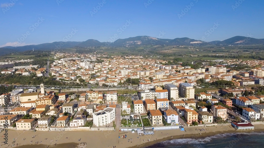 Aerial view of San Vicenzo in Tuscany. Port and city skyline