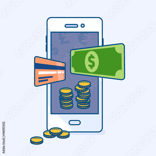 Vector illustration of smartphone mobile wallet with flying dollar money banknote, credit card, coins. Reliable safe security available purse. Phone banking eCommerce business finance concept