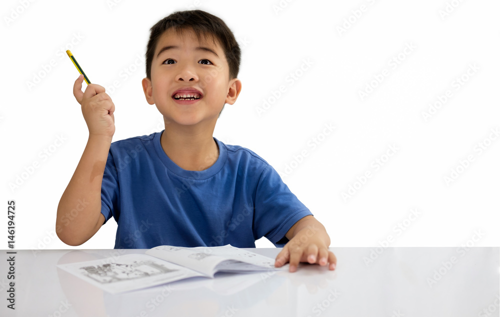 asian schoolboy raising his hand and pencil, idea concept for school, isolated on white background. asian schoolboy raising his hand and pencil, idea concept for school, isolated on white background.