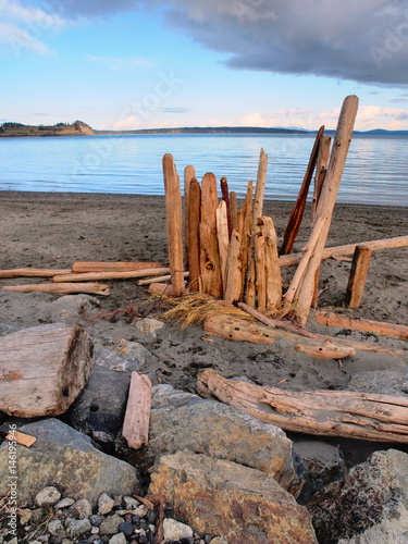 Driftwood on the sandy ocean beach. Island View beach, Vancouver Island, BC © pr2is