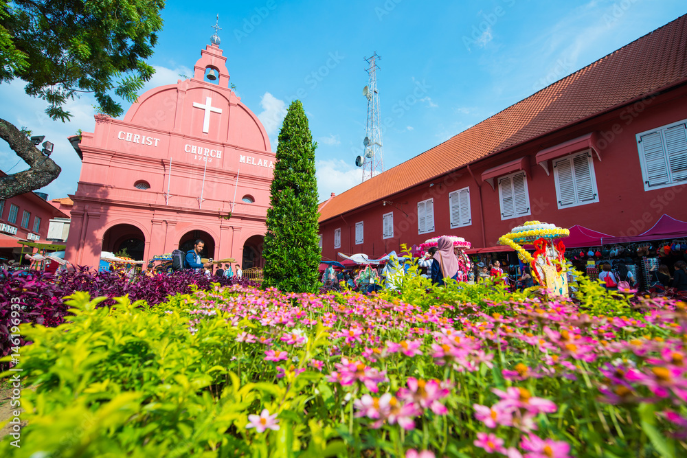 Red christ church landmark of Melaka town - obrazy, fototapety, plakaty 