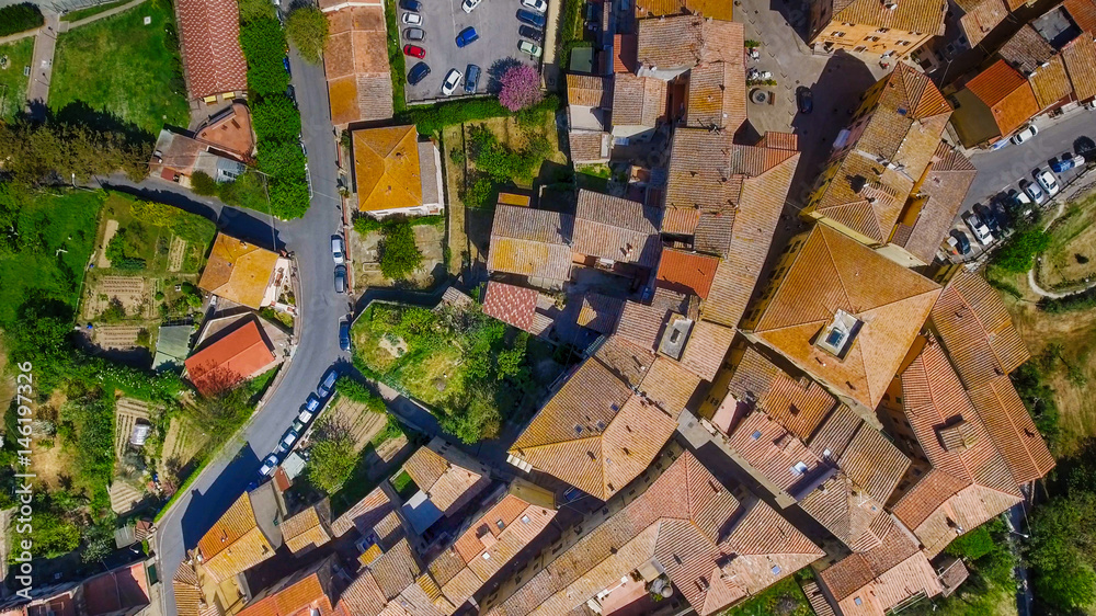 Aerial overhead view of Guardistallo, small medieval town of Tuscany