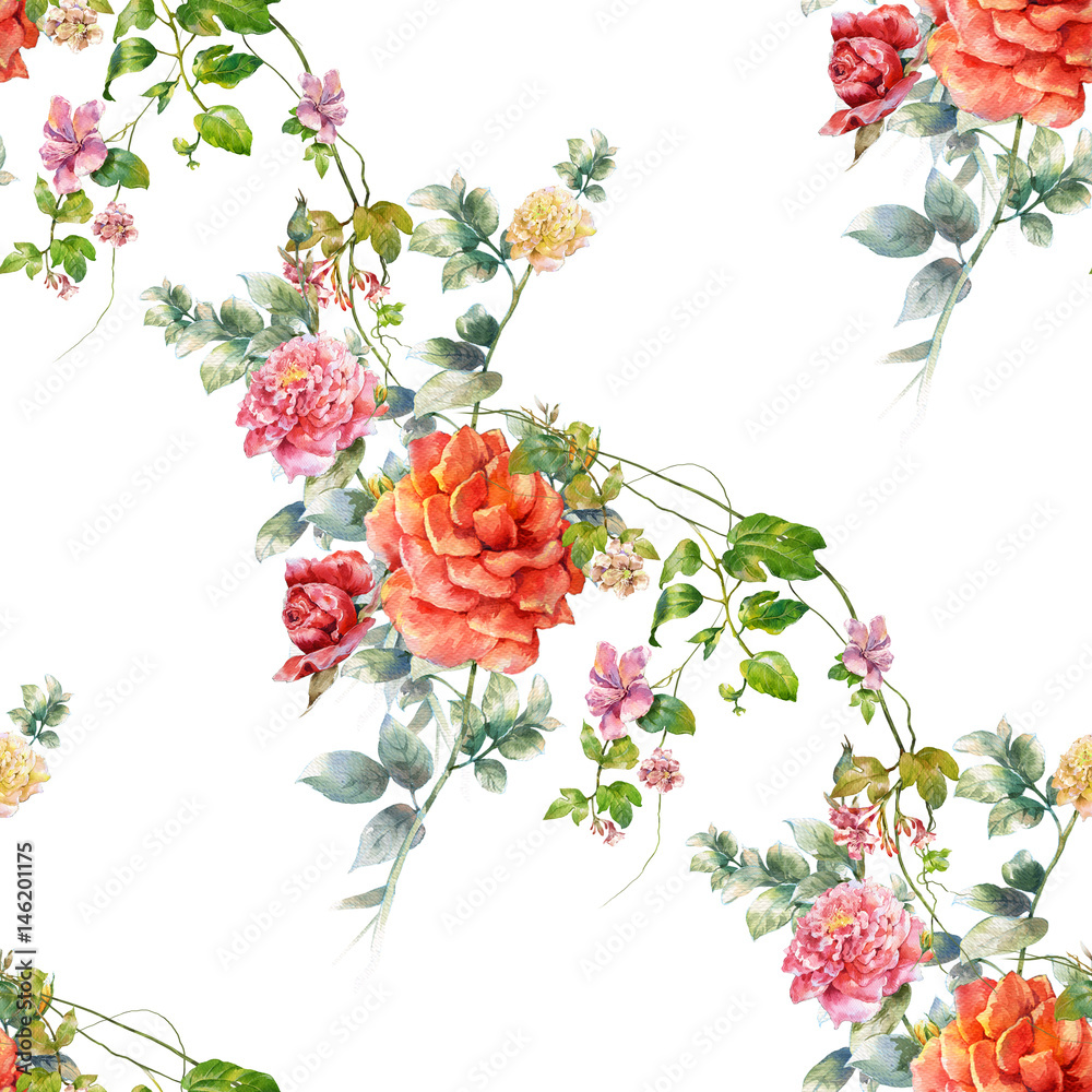 Watercolor painting of leaf and flowers, seamless pattern on white background Watercolor painting of leaf and flowers, seamless pattern on white background