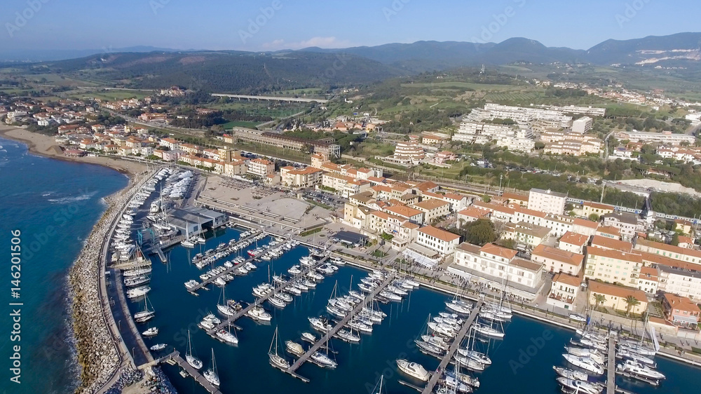 Aerial view of San Vicenzo in Tuscany. Port and city skyline