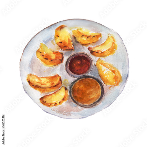 The national dish momos isolated on white background, watercolor illustration in hand-drawn style.