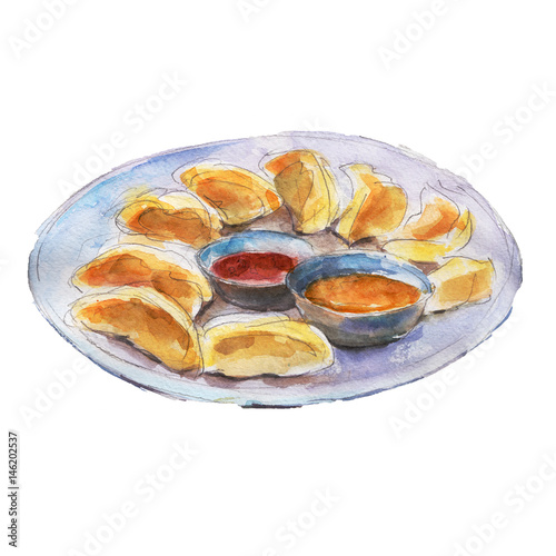 The national dish momos isolated on white background, watercolor illustration in hand-drawn style.