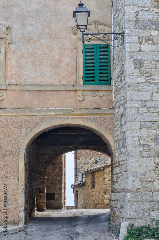 An old street lamp and a closed shutter above the archway to Villa a Sesta in Chianti - Tuscany, Italy