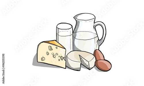 Illustrazione di latte, latticini e formaggio in cucina photo